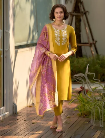 FANCY RAYON EMBROIDERY SEQUENCE WORK TOP BOTTOM WITH DUPATTA YELLOW