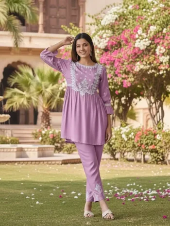 FANCY RAYON EMBROIDERY WORK TOP PENT SET PINK