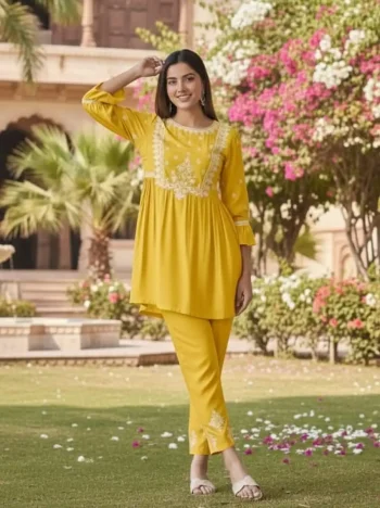FANCY RAYON EMBROIDERY WORK TOP PENT SET YELLOW