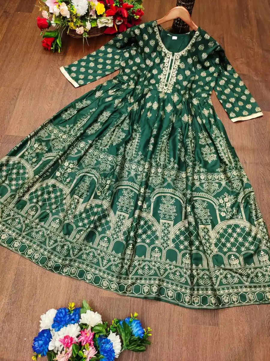 FANCY RAYON GOLDEN FOIL AND NECK WORK EMBROIDERY WORK GOWN FESTIVE WEAR WHOLESALE PRICE ETHNIC GARMENT (18)