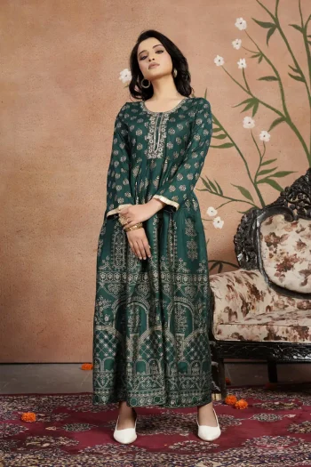 FANCY RAYON GOLDEN FOIL AND NECK WORK EMBROIDERY WORK GOWN GREEN
