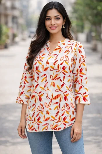 FANCY RAYON SLUB DIGITAL PRINT WORK ONLY TOP ORANGE