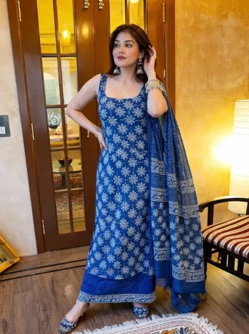 FANCY RAYON SLUB PRINT WORK TOP BOTTOM WITH DUPATTA BLUE