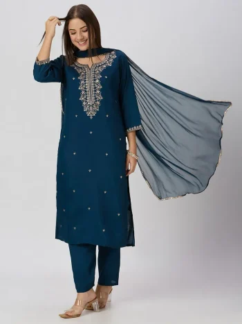FANCY ROAMAN SILK EMBROIDERY WITH SEQUENCE WORK TOP BOTTOM WITH DUPATTA NAVY BLUE