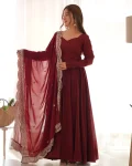 FANCY ROMAN CHANDERI PLAIN GOWN BOTTOM WITH EMBROIDERY SEQUENCE WORK DUPATTA MAROON
