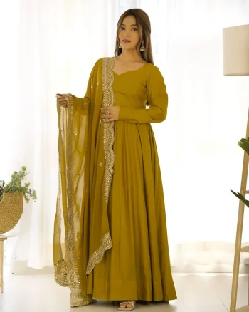 FANCY ROMAN CHANDERI PLAIN GOWN BOTTOM WITH EMBROIDERY SEQUENCE WORK DUPATTA PARROT GREEN