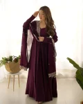 FANCY ROMAN CHANDERI PLAIN GOWN BOTTOM WITH EMBROIDERY SEQUENCE WORK DUPATTA WINE