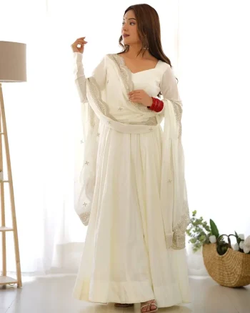 FANCY ROMAN CHANDERI PLAIN GOWN BOTTOM WITH EMBROIDERY SEQUENCE WORK DUPATTA WHITE