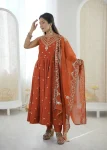 FANCY ROMAN SILK EMBROIDERY SEQUENCE WORK GOWN BOTTOM WITH DUPATTA ORANGE