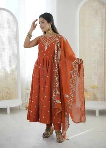 FANCY ROMAN SILK EMBROIDERY SEQUENCE WORK GOWN BOTTOM WITH DUPATTA ORANGE