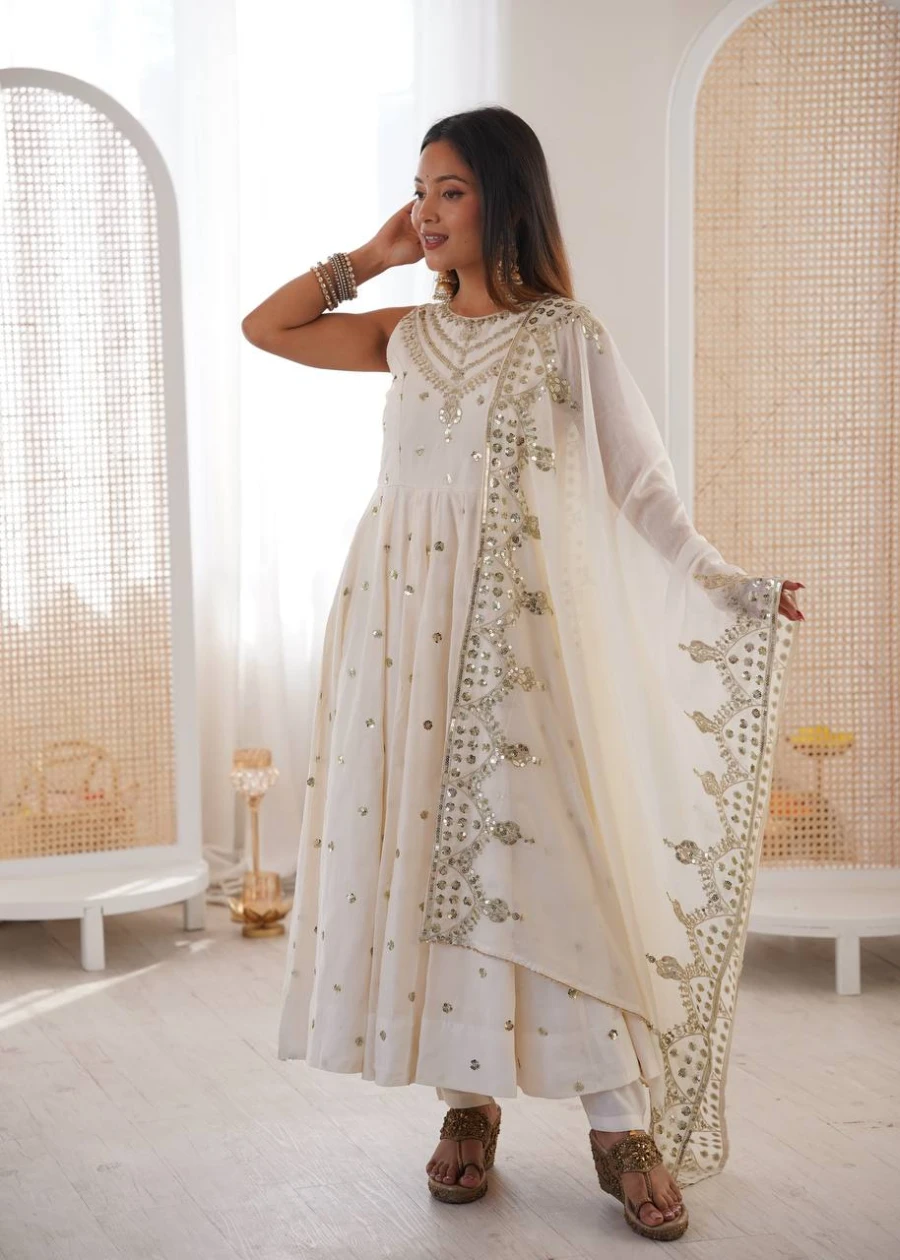FANCY ROMAN SILK EMBROIDERY SEQUENCE WORK GOWN BOTTOM WITH DUPATTA WEDDING WEAR WHOLESALE PRICE ETHNIC GARMENT (10)