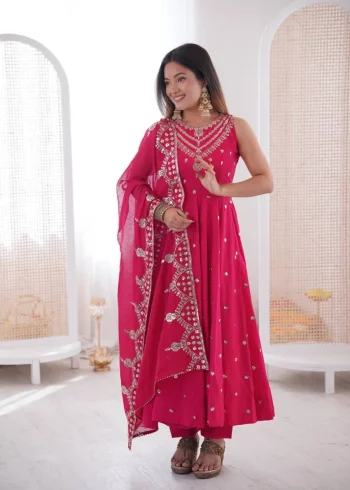 FANCY ROMAN SILK EMBROIDERY SEQUENCE WORK GOWN BOTTOM WITH DUPATTA PINK