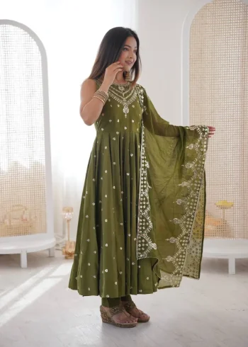 FANCY ROMAN SILK EMBROIDERY SEQUENCE WORK GOWN BOTTOM WITH DUPATTA MEHNDI