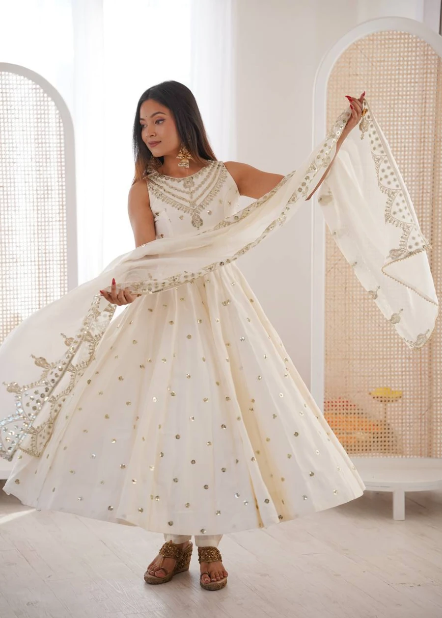 FANCY ROMAN SILK EMBROIDERY SEQUENCE WORK GOWN BOTTOM WITH DUPATTA WEDDING WEAR WHOLESALE PRICE ETHNIC GARMENT (3)
