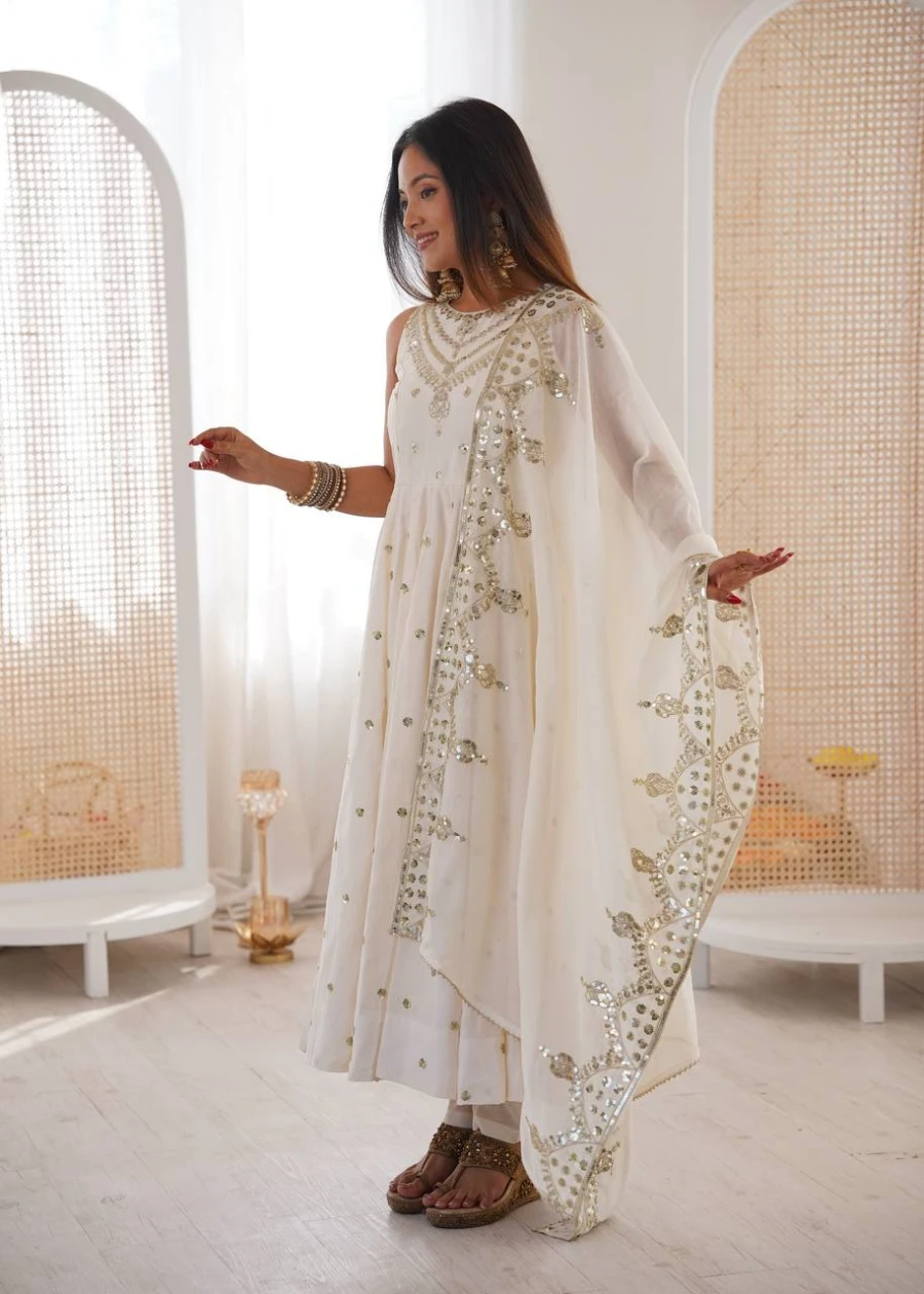 FANCY ROMAN SILK EMBROIDERY SEQUENCE WORK GOWN BOTTOM WITH DUPATTA WEDDING WEAR WHOLESALE PRICE ETHNIC GARMENT (8)