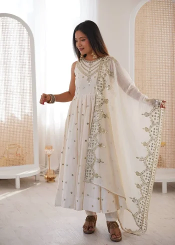 FANCY ROMAN SILK EMBROIDERY SEQUENCE WORK GOWN BOTTOM WITH DUPATTA WHITE