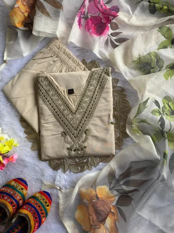 FANCY ROMAN SILK EMBROIDERY WITH SEQUENCE WORK TOP BOTTOM WITH DUPATTA OFF WHITE