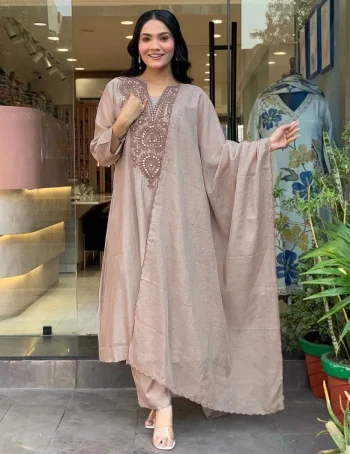 FANCY ROMAN SILK EMBROIDERY WORK TOP BOTTOM WITH DUPATTA CREAM