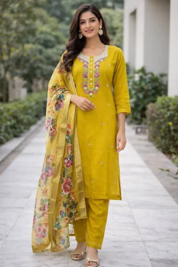 FANCY ROMAN SILK HAND EMBROIDERY, ZARI WEAVING WORK TOP BOTTOM WITH DUPATTA YELLOW