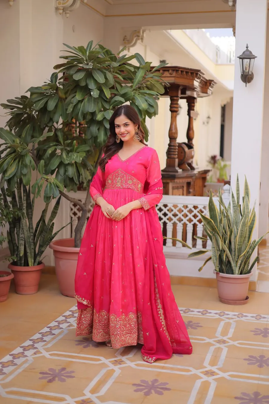 FANCY RUSSIAN SILK DIGITAL PRINTED WITH EMBROIDERY ZARI SEQUENCE WORK GOWN WITH DUPATTA WEDDING WEAR WHOLESALE PRICE ETHNIC GARMENT (4)