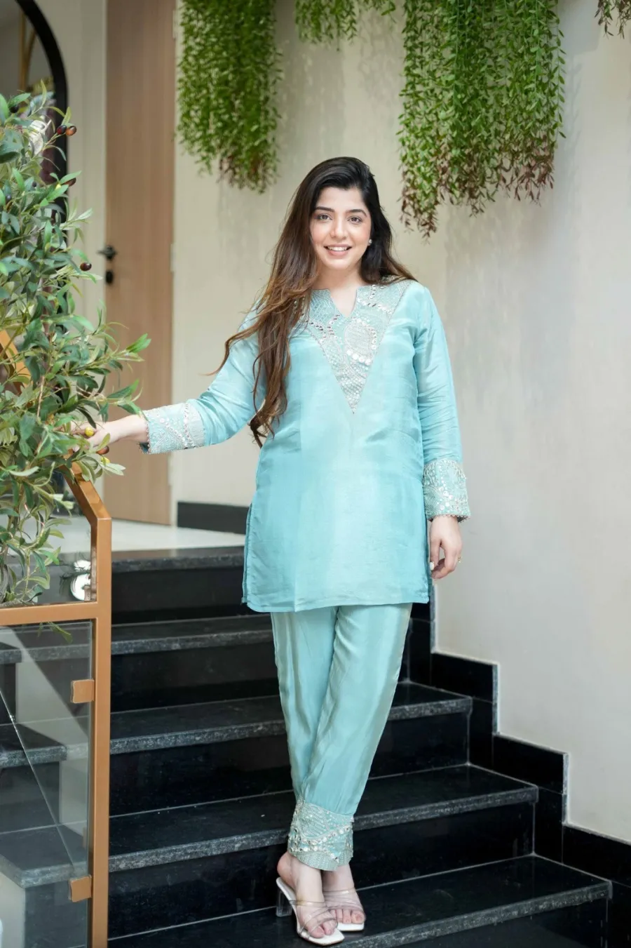 FANCY SHIMMER SILK EMBROIDERY SEQUENCE WORK TOP PENT SET FESTIVE WEAR WHOLESALE PRICE ETHNIC GARMENT (10)