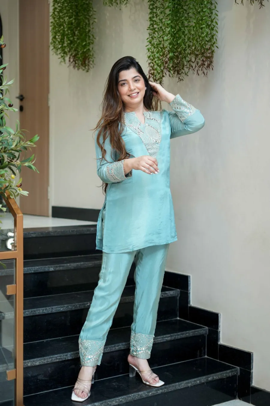 FANCY SHIMMER SILK EMBROIDERY SEQUENCE WORK TOP PENT SET FESTIVE WEAR WHOLESALE PRICE ETHNIC GARMENT (12)