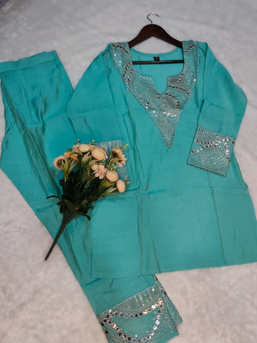 FANCY SHIMMER SILK EMBROIDERY SEQUENCE WORK TOP PENT SET FESTIVE WEAR WHOLESALE PRICE ETHNIC GARMENT (16)