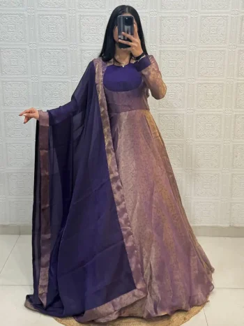 FANCY SHIMMER SILK PLAIN GOWN WITH FOUR SIDE LACE BORDER WORK DUPATTA PURPLE