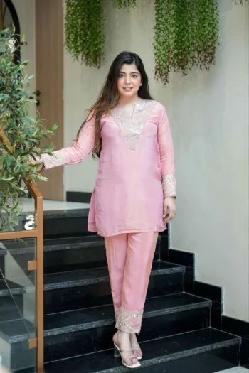 FANCY SHIMMER SILK SEQUENCE CODING EMBROIDERY WORK CO-ORD SET SKY