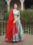 FANCY SILK SILVER ZARI WEAVING WITH CONTRAST KALAMKARI WEAVING BORDER WORK LEHENGA CHOLI WITH DUPATTA FESTIVE WEAR WHOLESALE PRICE ETHNIC GARMENT (3)