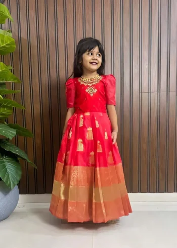 FANCY SILK ZARI WEAVING WORK BORDER WITH HANDWORK KID'S GOWN RED