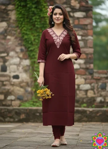 FANCY SLUB COTTON CODING DORI EMBROIDERY  WORK ONLY KURTI MAROON