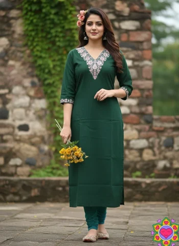 FANCY SLUB COTTON CODING DORI EMBROIDERY  WORK ONLY KURTI GREEN