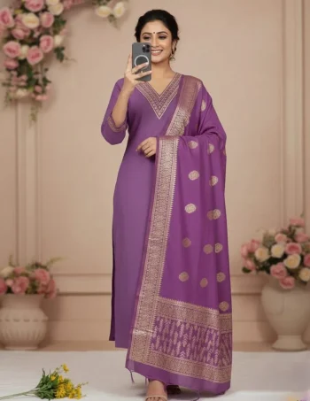 FANCY SLUB COTTON CUT PASTE EMBROIDERY WORK TOP BOTTOM WITH DUPATTA LAVENDER