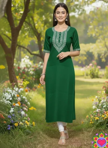 FANCY SLUB COTTON EMBROIDERY 3 MM SEQUENCE WORK ONLY KURTI GREEN