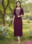 FANCY SLUB COTTON EMBROIDERY 3 MM SEQUENCE WORK ONLY KURTI WINE