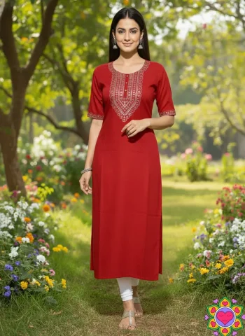 FANCY SLUB COTTON EMBROIDERY 3 MM SEQUENCE WORK ONLY KURTI RED