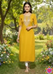 FANCY SLUB COTTON EMBROIDERY 3 MM SEQUENCE WORK ONLY KURTI YELLOW