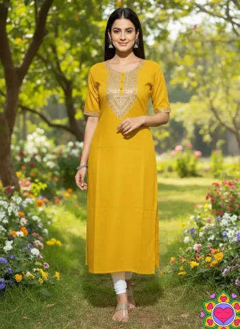 FANCY SLUB COTTON EMBROIDERY 3 MM SEQUENCE WORK ONLY KURTI YELLOW