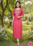 FANCY SLUB COTTON EMBROIDERY 3 MM SEQUENCE WORK ONLY KURTI PINK