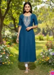 FANCY SLUB COTTON EMBROIDERY 3 MM SEQUENCE WORK ONLY KURTI TEAL