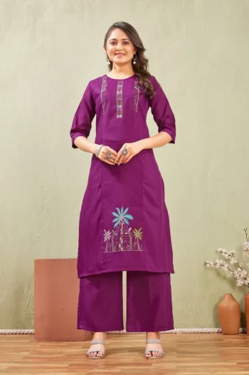FANCY SLUB COTTON EMBROIDERY WORK CO-ORD SET PURPLE