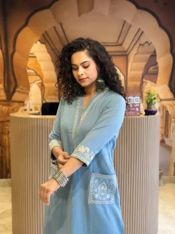 FANCY SLUB COTTON EMBROIDERY WORK WITH STYLES FRONT POCKET CO-ORD SET SKY