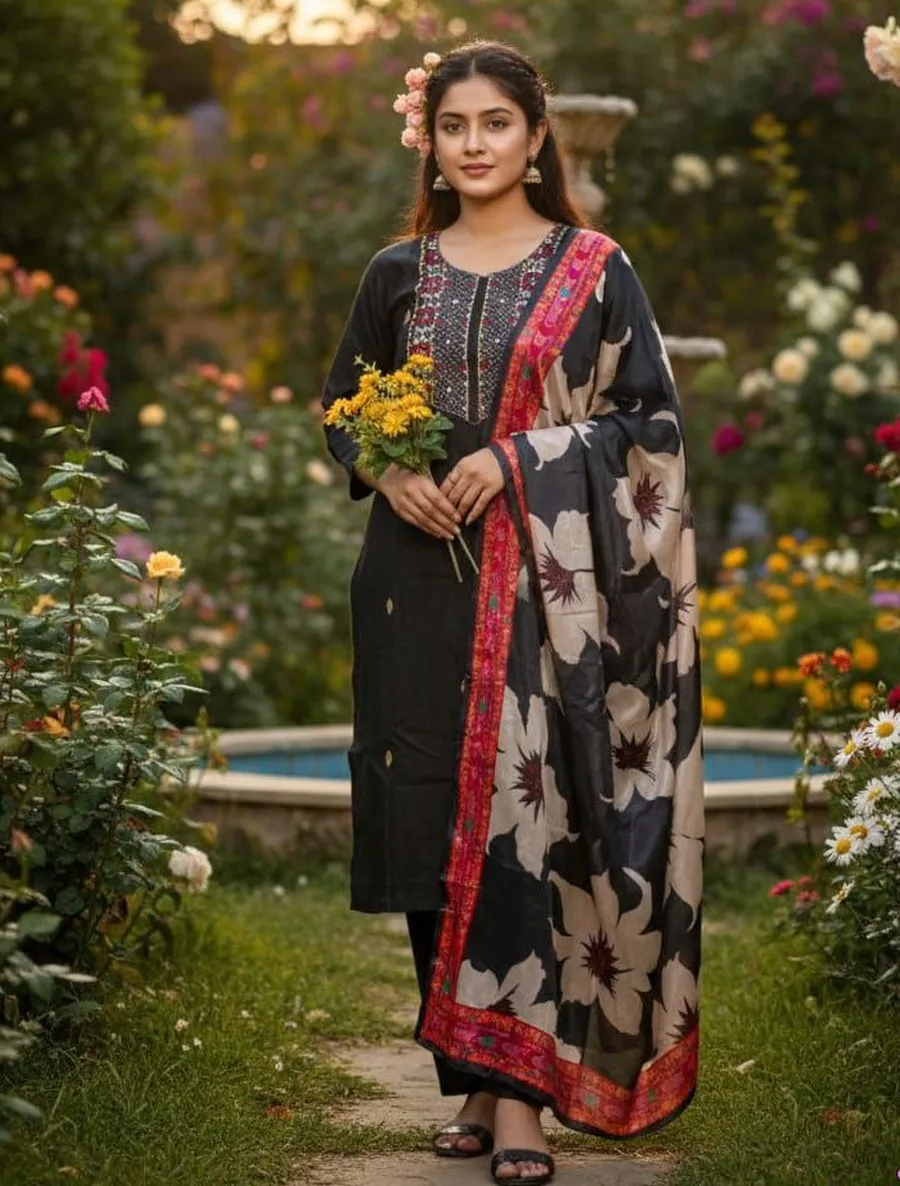 FANCY SLUB COTTON PRINT WORK TOP BOTTOM WITH DUPATTA FESTIVE WEAR WHOLESALE PRICE ETHNIC GARMENT (10)