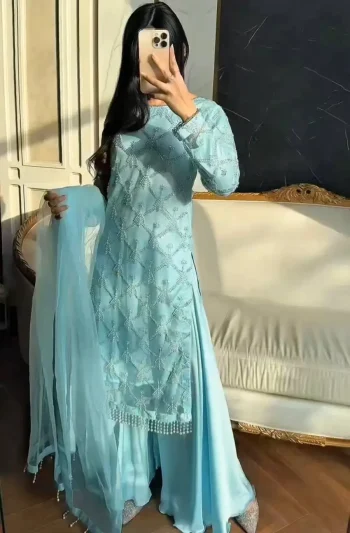 FANCY SOFT NET EMBROIDERY SEQUENCE WORK WITH FANCY PERAL MOTI AND LACE BORDER WORK TOP PALAZZO WITH DUPATTA SKY