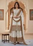 FANCY STAR GEORGETTE EMBROIDERY 5 MM SEQUENCE WORK TOP PALAZZO WITH DUPATTA  WHITE AND CHIKU