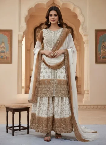 FANCY STAR GEORGETTE EMBROIDERY 5 MM SEQUENCE WORK TOP PALAZZO WITH DUPATTA  WHITE AND CHIKU