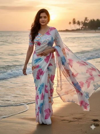 FANCY TABBY ORGANZA FLOWER PRINT WITH SILVER CUT DANA CUT AND MOTI WORK SAREE WITH UNSTITCHED BLOUSE MULTI