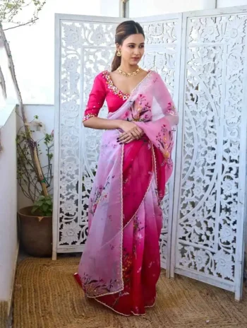 FANCY TABBY SILK FLORAL PRINT WITH BEADS, SEQUENCE AND CUT DANA HANDWORK SAREE WITH UNSTITCHED BLOUSE PINK