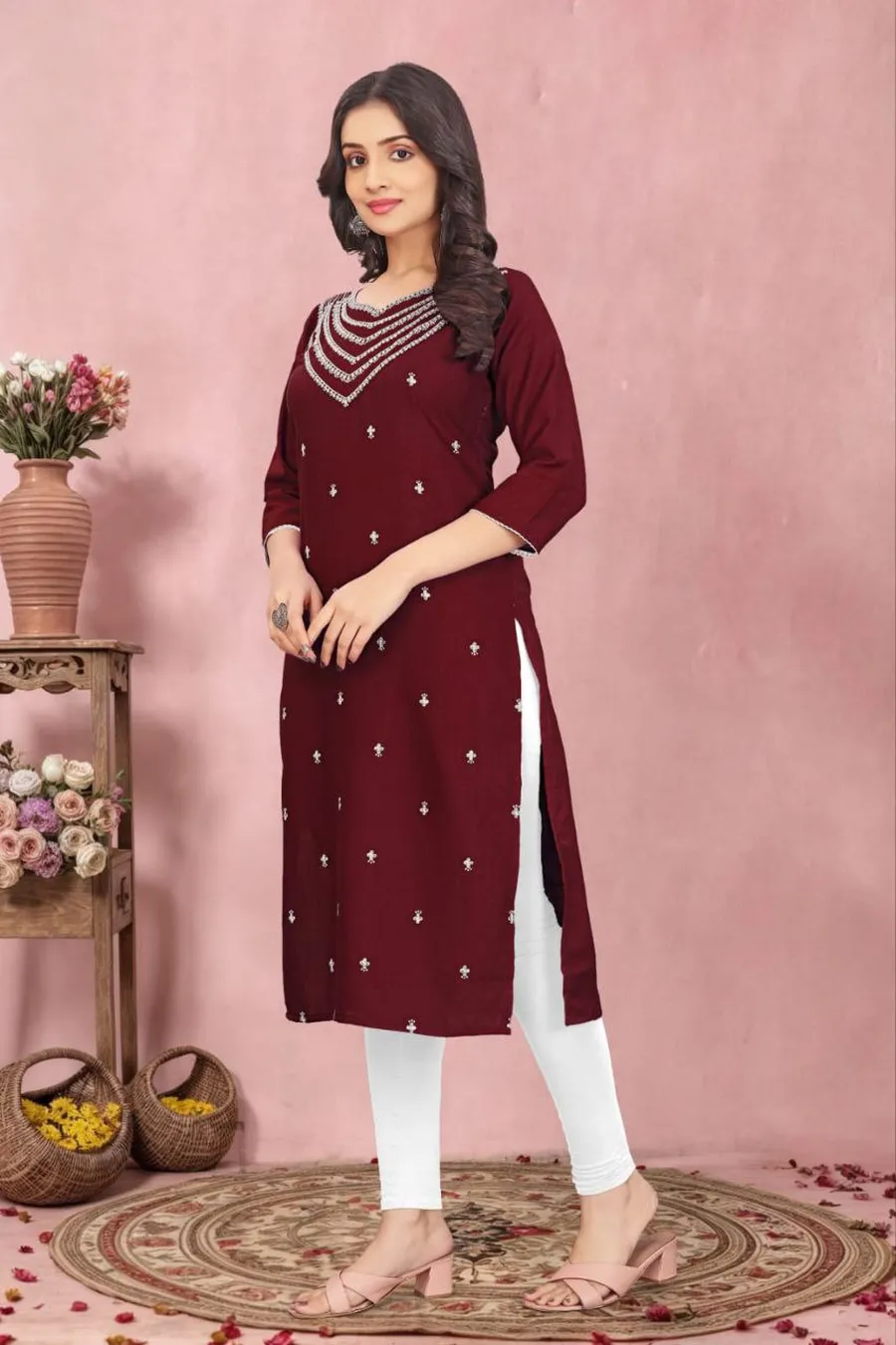 FANCY TESLA COTTON EMBROIDERY WORK KURTI FESTIVE WEAR WHOLESALE PRICE ETHNIC GARMENT (17)